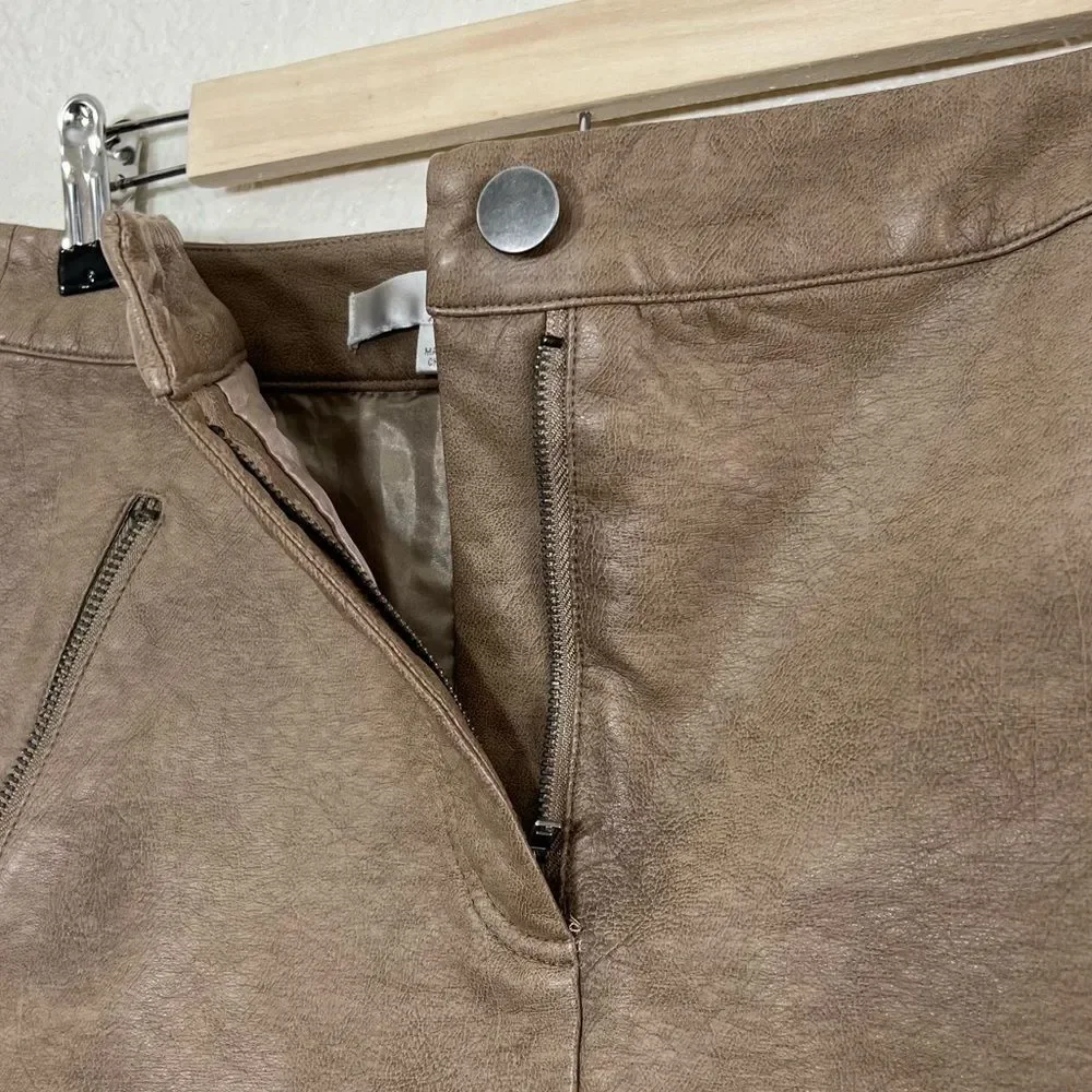 J.O.A Faux Leather Mini Skirt Khaki Tan Zipper Pockets Size S